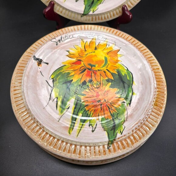 Pottery Barn Plates Solstice Sunflower Handcrafted Set Of 2 9.25" Ceramic DH1331 - Picture 2 of 6